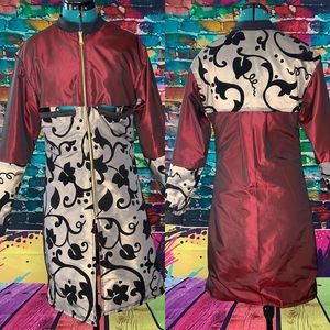 Red and gold iridescent long bomber jacket